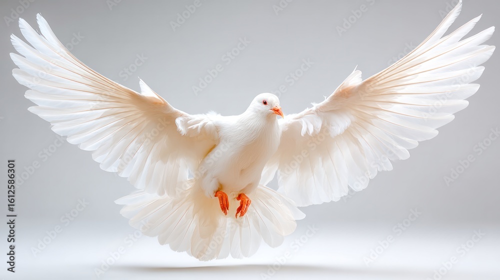 Fototapeta premium 🕊️Celestial Messenger: A pristine white dove, wings gracefully outstretched, soars through the air, embodying peace and freedom. It's a symbol of hope and serenity.