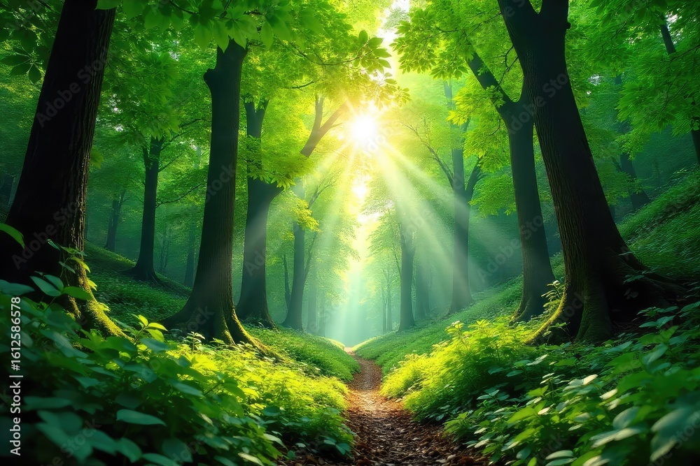Obraz premium Lush green canopy of a vibrant forest, sunlight dappling through leaves, creating a serene and peaceful atmosphere Perfect for nature, environment, and ecology themes , plant, earth, chlorophyll