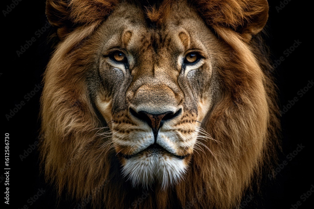 Fototapeta premium Majestic Lion Portrait: An intensely focused lion stares directly at the viewer, showcasing its commanding presence and piercing gaze in this striking close-up portrait.