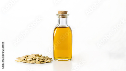 Clear glass bottle filled with golden liquid beside a pile of seeds