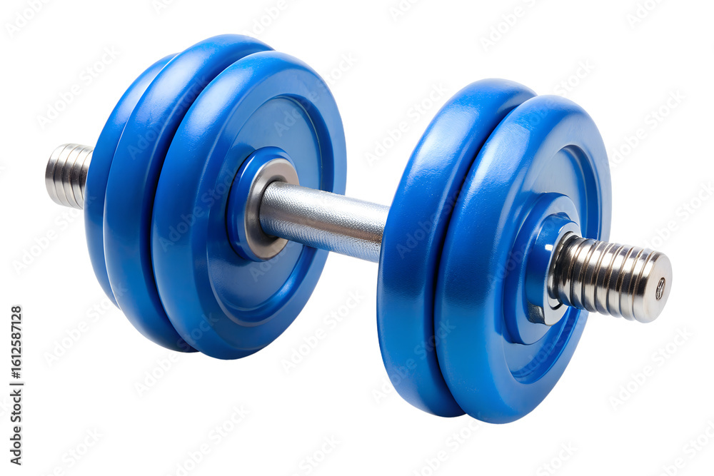 Naklejka premium A single blue dumbbell with chrome accents, isolated on a clean transparent background for fitness and exercise