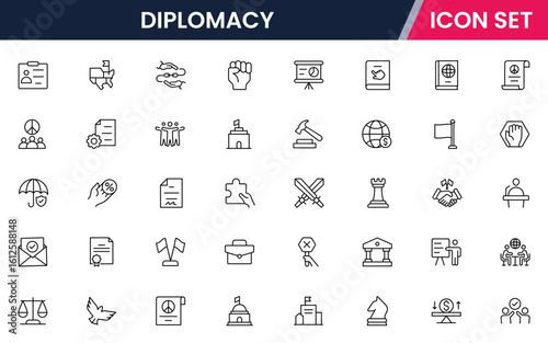 Diplomacy vector line icons featuring handshake, peace symbols, globes, negotiations, treaties, communication, alliances, embassies, international relations, and conflict resolution elements.