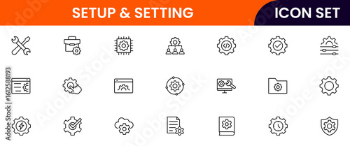 Setup and setting vector line icons featuring gears, sliders, tools, preferences, configurations, controls, adjustments, customization, system options, and interface elements.