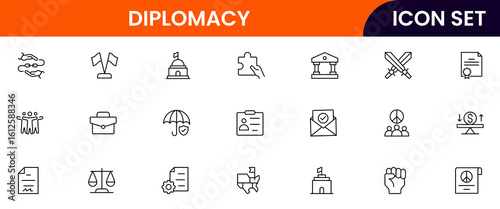 Diplomacy vector line icons featuring handshake, peace symbols, globes, negotiations, treaties, communication, alliances, embassies, international relations, and conflict resolution elements.