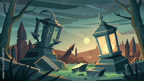 Gloomy graveyard scene with leaning tombstones and lanterns under a full moon in the night sky