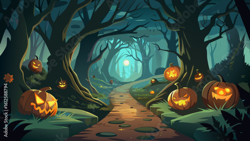 A spooky halloween night scene with pumpkins lining a path through a dark and eerie forest scene