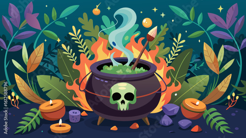 A cauldron bubbles with green potion amidst a forest with candles and a skull decoration