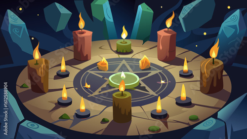 Illustration of a ritual circle with candles and crystals on a stone table in a dark mystical setting
