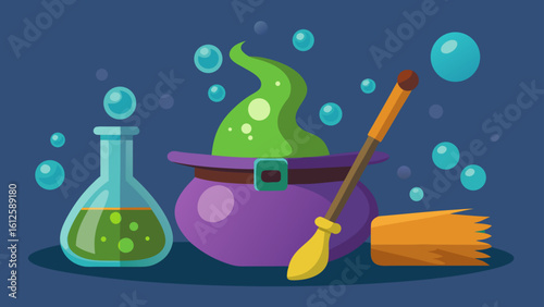 Illustration of a witch's cauldron with green potion, broom, flask, and bubbles on a dark background