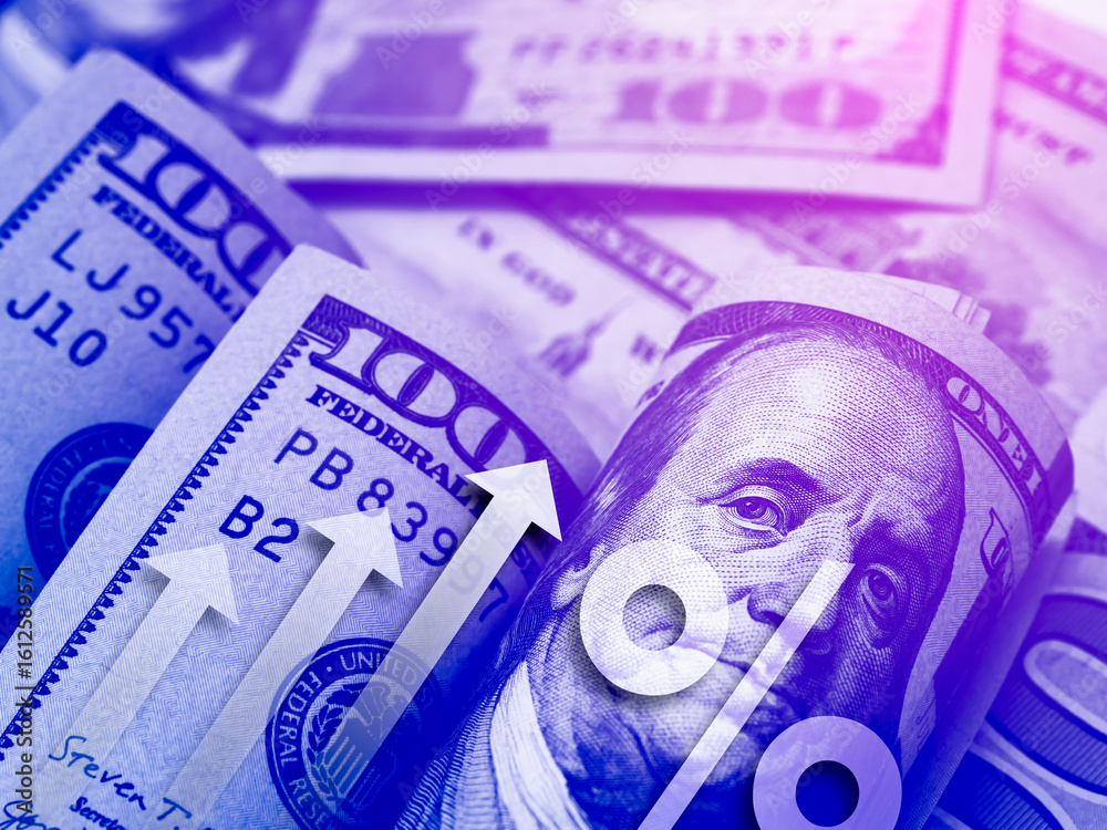 Fototapeta premium Dollar growth, tax and interest rates, business, money and financial investment concept. Arrows rising up with percentage icon on 100 dollars bill banknotes background, blue purple gradient colors.