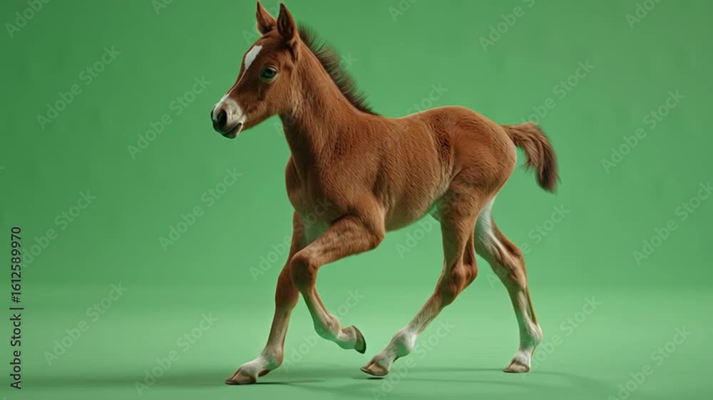 A brown foal with a white blaze running on a green screen studio background in a side view shot green screen animal video A brown foal with a white blaze running on a green screen studio background in a side view shot green screen animal video