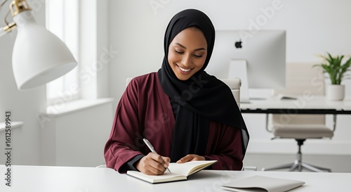A smiling woman in a hijab sits at a desk, thoughtfully writing in a notebook, showcasing a calm and focused work environment.