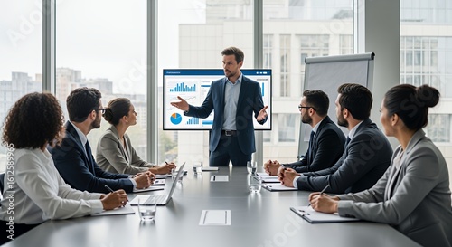 A confident businessman presents financial data to a diverse team of attentive colleagues during a productive meeting.
