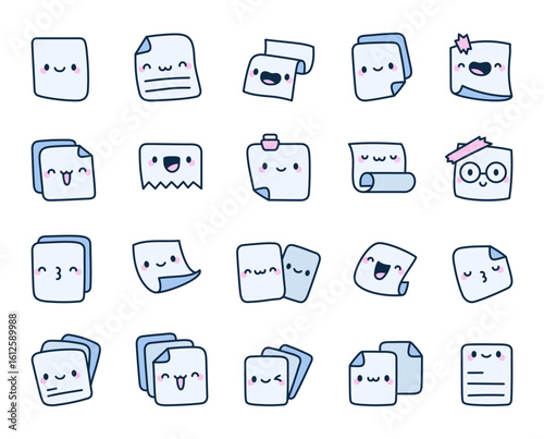 Paper face character set kawaii style smiling notes happy memos cute school pages office documents daily messages positive reminders and sheet