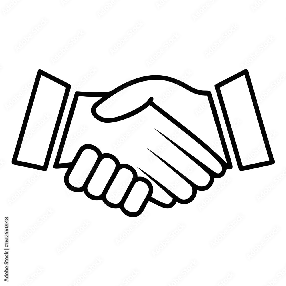 Naklejka premium Handshake Icon: An elegant, black and white line drawing of two hands clasped in a firm handshake, symbolizing agreement, partnership, and business cooperation.