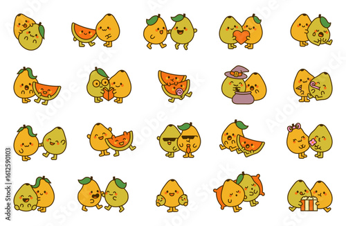 Papaya couple cute kawaii character set with hugs, kisses, heart, food, party blower and various emotions in adorable cartoon relationship for your designs projects
