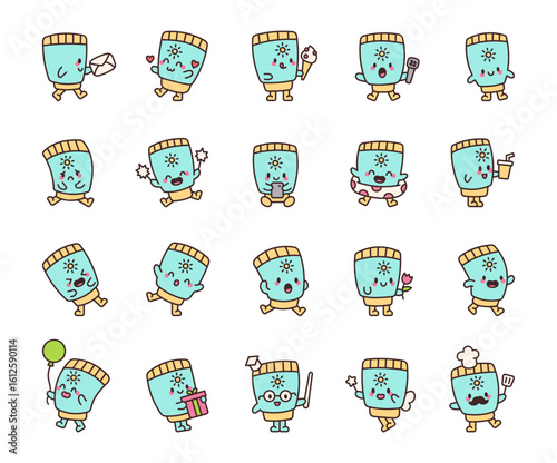 Cute sunscreen kawaii character set with different actions and emotions including dancing, reading, relaxing, cooking, gifting, smiling, walking and having fun for your designs projects