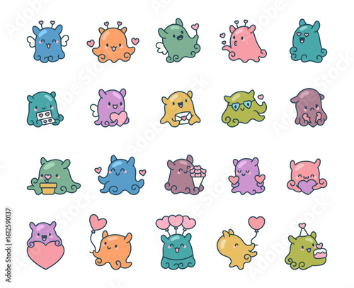 Dumbo octopus valentine cute kawaii character set with heart shaped balloons romantic poses, flowers, emotions holding hearts and lovely accessories for your illustration project