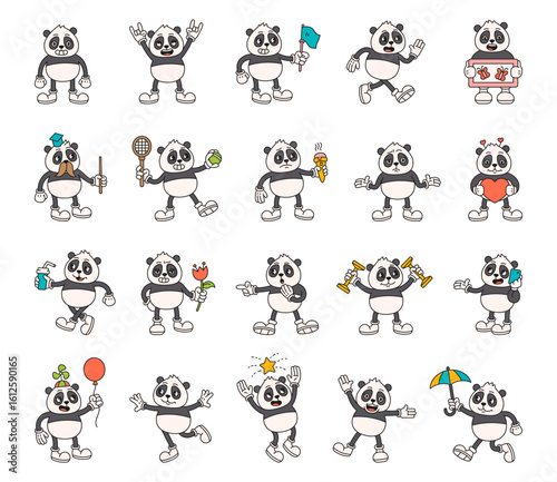 Panda groovy character set showing cute animals wearing different pose while holding various objects for happy and funny cartoon scenes, and for your designs projects