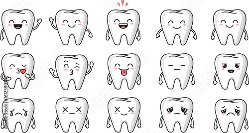 Cartoon teeth with expressions dental care oral hygiene dentist tooth healthy smiles