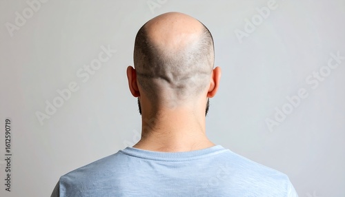 Rear view of a bald man's head and neck, wearing a light blue t-shirt against a plain background