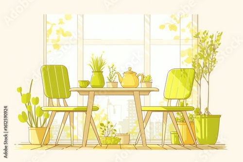 Spring summer interior scene, table with chairs and potted plants, bright yellow-green flat illustration