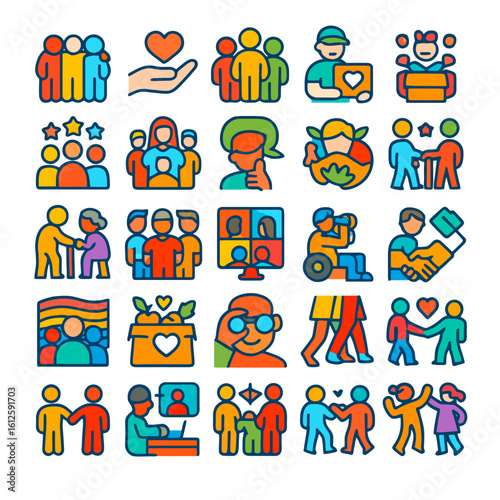 Colorful vector icons depicting various acts of kindness, support, and community engagement.