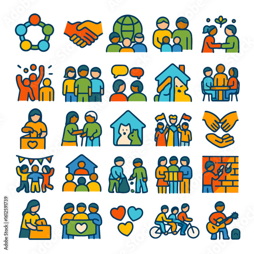 A collection of colorful vector icons depicting themes of community, collaboration, charity, family, and social interaction.