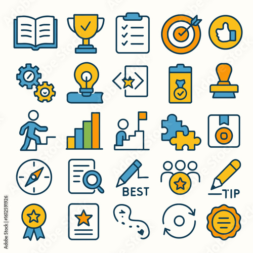 Collection of colorful, flat design icons representing various business and personal development concepts.