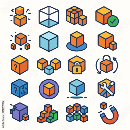 Collection of various cube shapes, illustrating different concepts and actions, like stacking, opening, locking, and more.