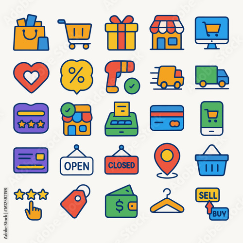 Colorful icons depicting online and offline shopping, payment, delivery, and store operations.