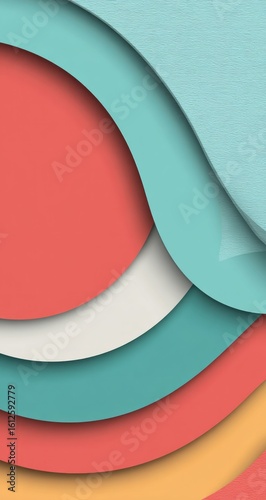 Layers of curved shapes in various pastel colors, creating depth and a visually appealing abstract composition with a slight paper texture