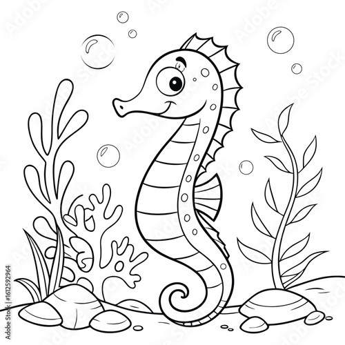 Seahorse illustration for coloring book pages with marine plants and bubbles underwater detailed outline design for kids educational activity