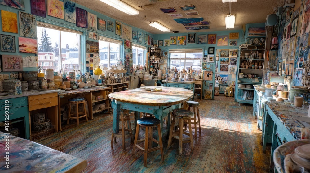 Artist Studio's Creative Haven: An artist's studio is filled with creative tools, completed artworks, and natural light. it is a space of inspiration and productivity. Artist Studio's Creative Haven: An artist's studio is filled with creative tools, completed artworks, and natural light. it is a space of inspiration and productivity.