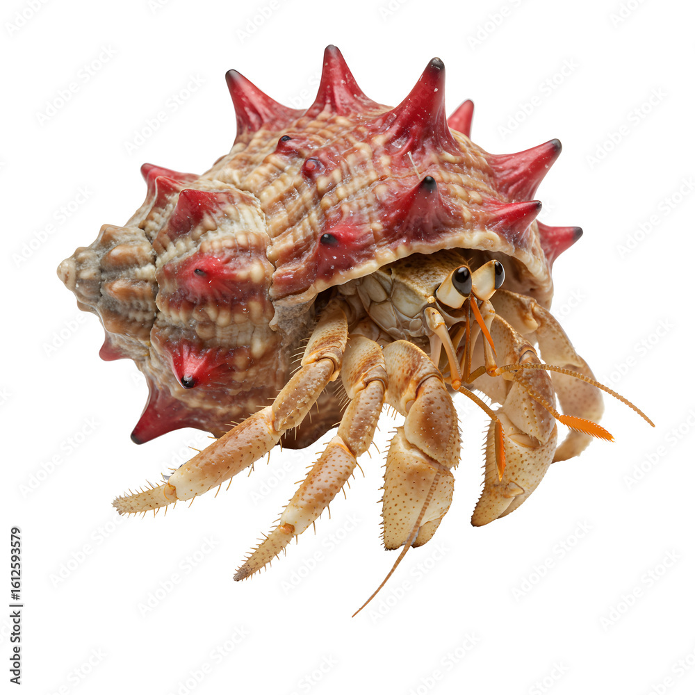 Curious hermit crab emerges from spiky seashell home, ready to explore ocean floor Curious hermit crab emerges from spiky seashell home, ready to explore ocean floor
