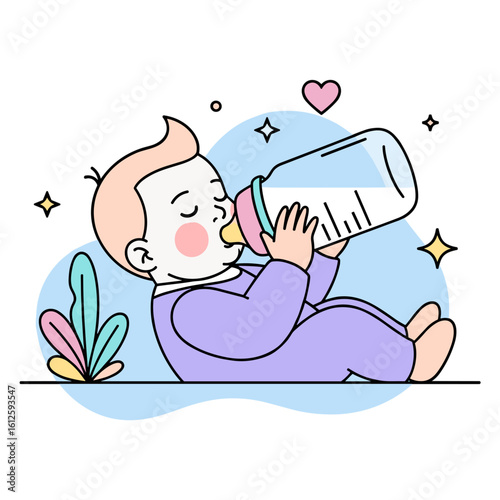 Cute cartoon baby drinking milk from a feeding bottle. Vector illustration of a newborn infant.