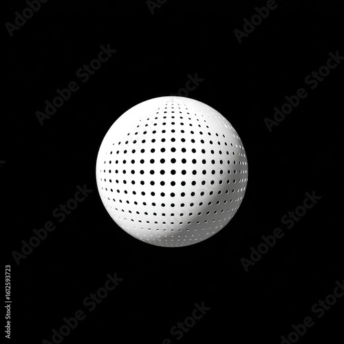 A white sphere on black background, featuring a regular pattern of evenly spaced perforations across its surface