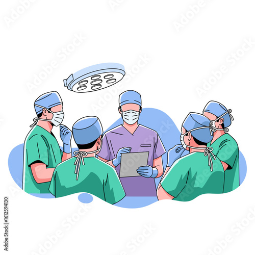 A group of professional surgeons in a huddle, planning a medical procedure in an operating room.