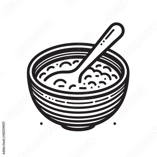 isolated bowl of oatmeal with spoon   line art illustration
