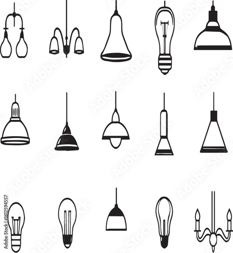 Collection of various light fixtures including chandeliers and pendant lights on a white background