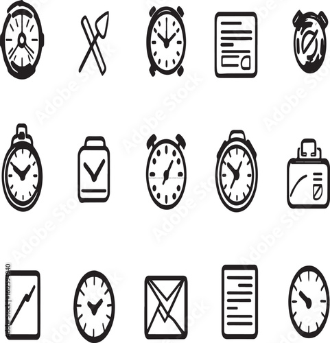 A collection of fifteen stylized icons featuring clocks, envelopes, and other office related objects