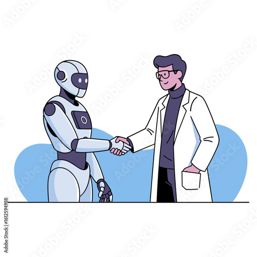 A scientist and an AI robot shaking hands, symbolizing futuristic technology and partnership.
