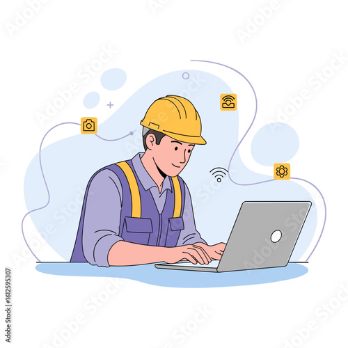 Engineer in a hard hat working on a laptop with smart technology icons. Vector illustration.