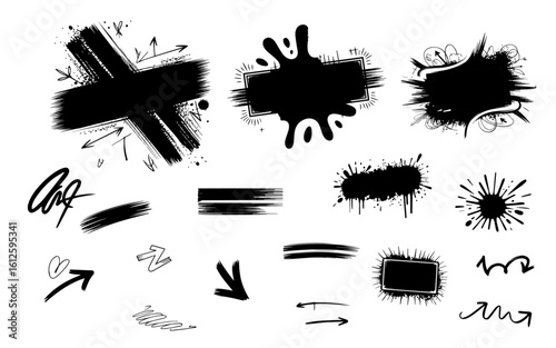 Brush lines, strokes, graffiti spray stains, splatter marks, dirty texture, sketch. Callouts grunge with splashes. Vector,