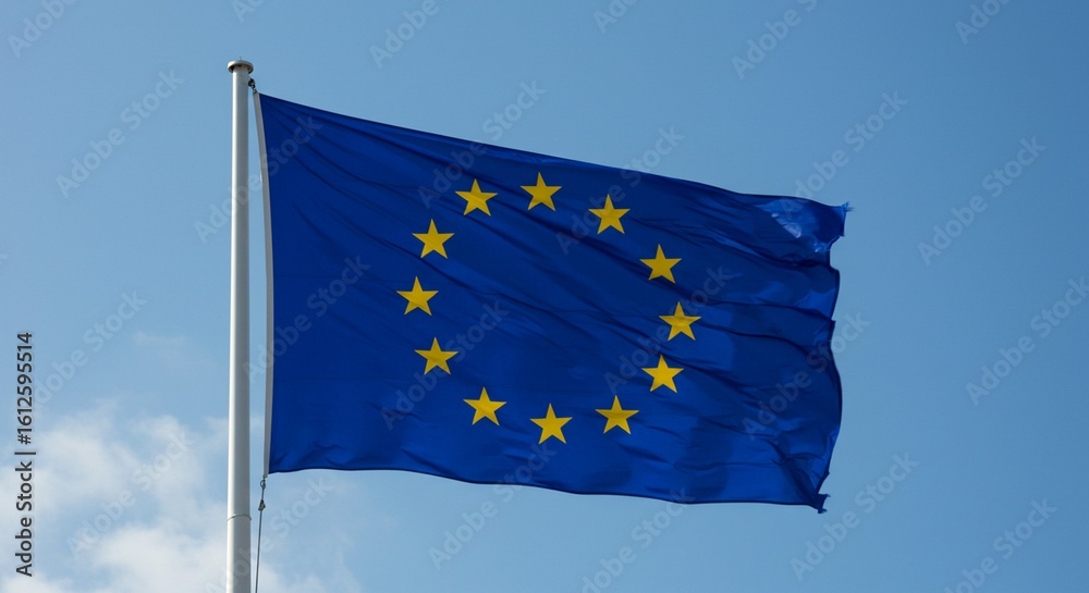 Waving European Union flag, a blue banner with yellow stars, symbolizing the united nations of Europe Waving European Union flag, a blue banner with yellow stars, symbolizing the united nations of Europe
