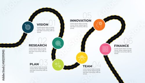 Diagram navigation map infographic 6 steps timeline concept.