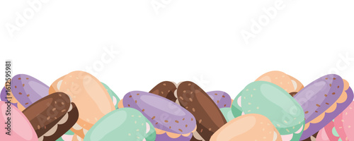 Vector seamless border featuring a variety of colorful macarons in pink, purple, brown and light blue, forming a bottom design element. Suitable for bakery, dessert and sweet food themes