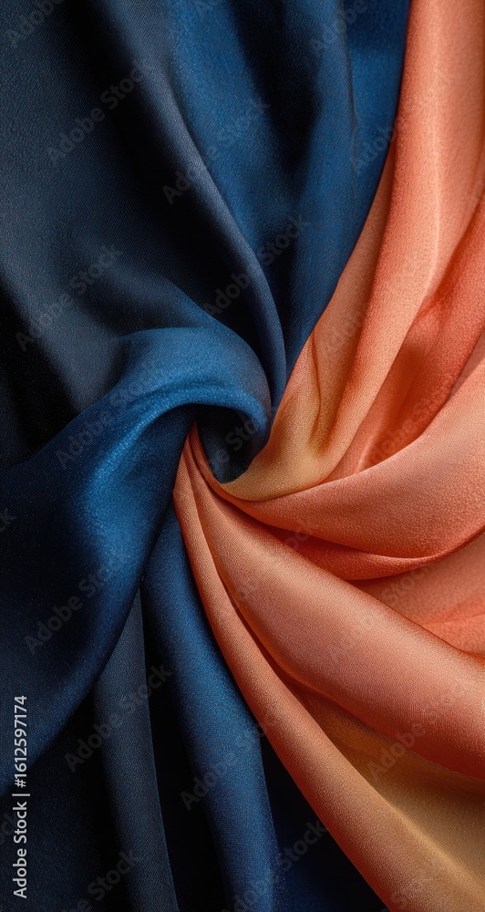 Fototapeta premium Swirling draped fabric, deep blue contrasting with shades of orange and peach. The material is lustrous, possibly silk or satin, folded into a vortex-like shape