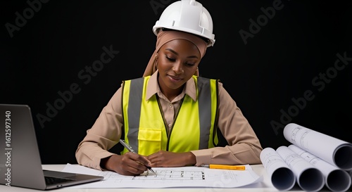 A female architect wearing a hijab and hardhat meticulously reviews blueprints at her desk, surrounded by architectural plans.