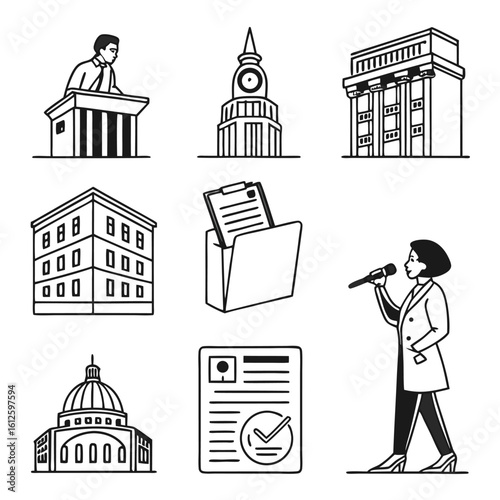 Illustration Set Vector of Political Figures Buildings and Files in Modern Minimalist Black and White